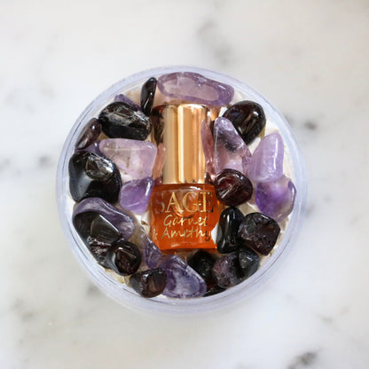 .03 oz Sage Mini Roll on Garnet and Amethyst Perfume Oil, has gemstones, dark floral, unisex, Vegan, Cruelty Free, travel size 