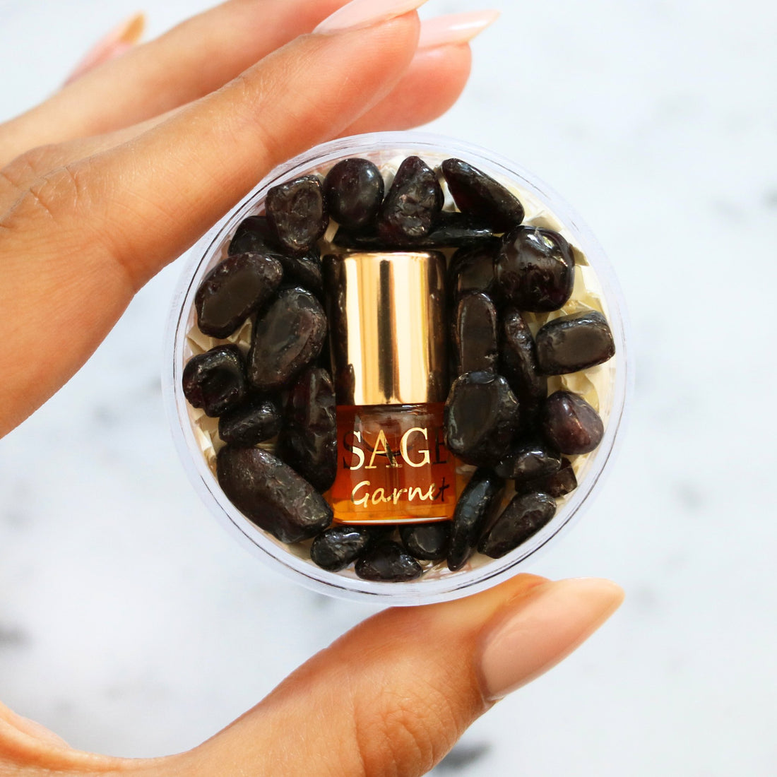 .03 oz Mini Roll on Sage Garnet Perfume Oil with gemstones, Earthy, dark floral, unisex, Vegan, Cruelty Free, travel size