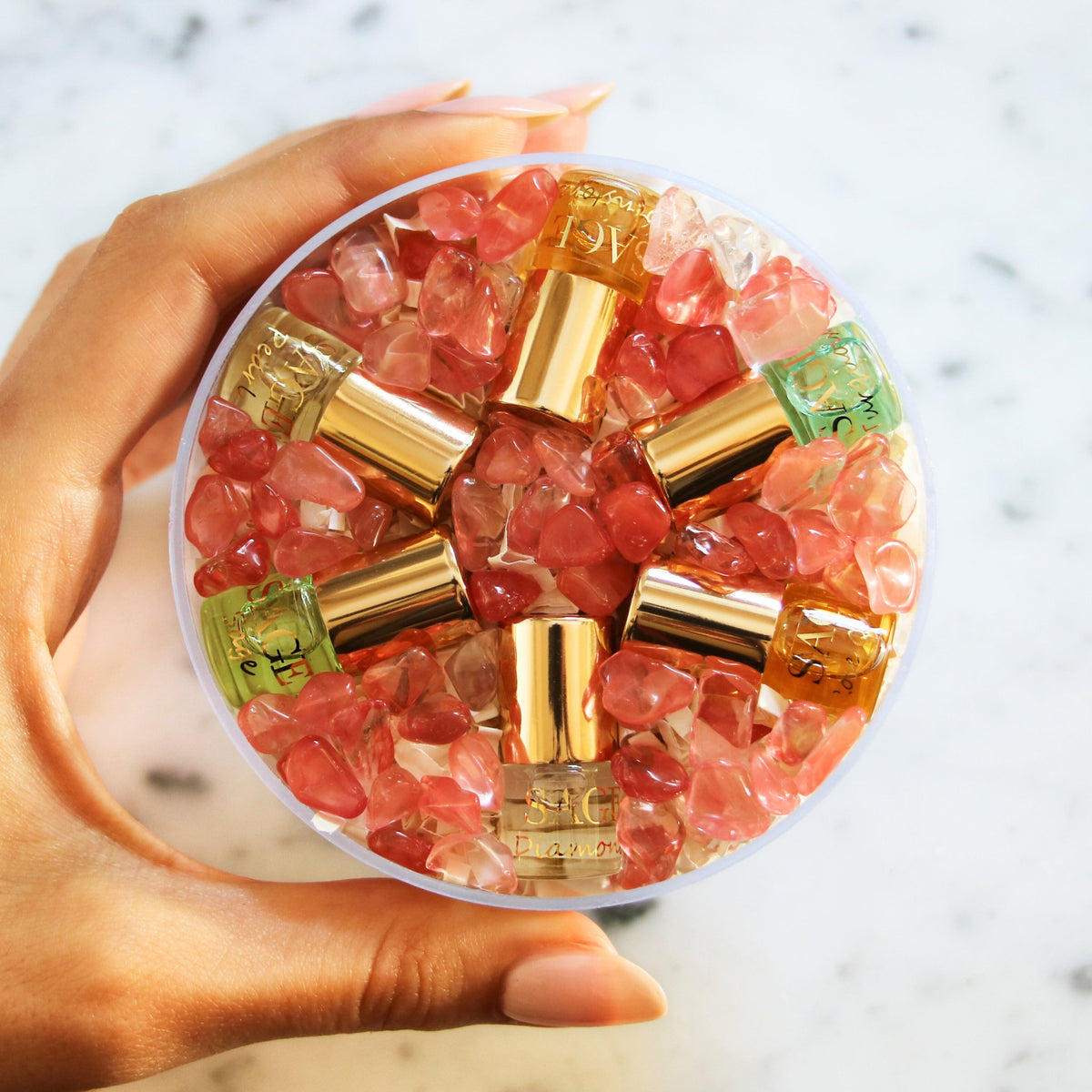 Mini 0.03 oz roll-on perfume oil gift set  of 5 with gemstones, Sage discovery set, vegan, cruelty-free fragrances