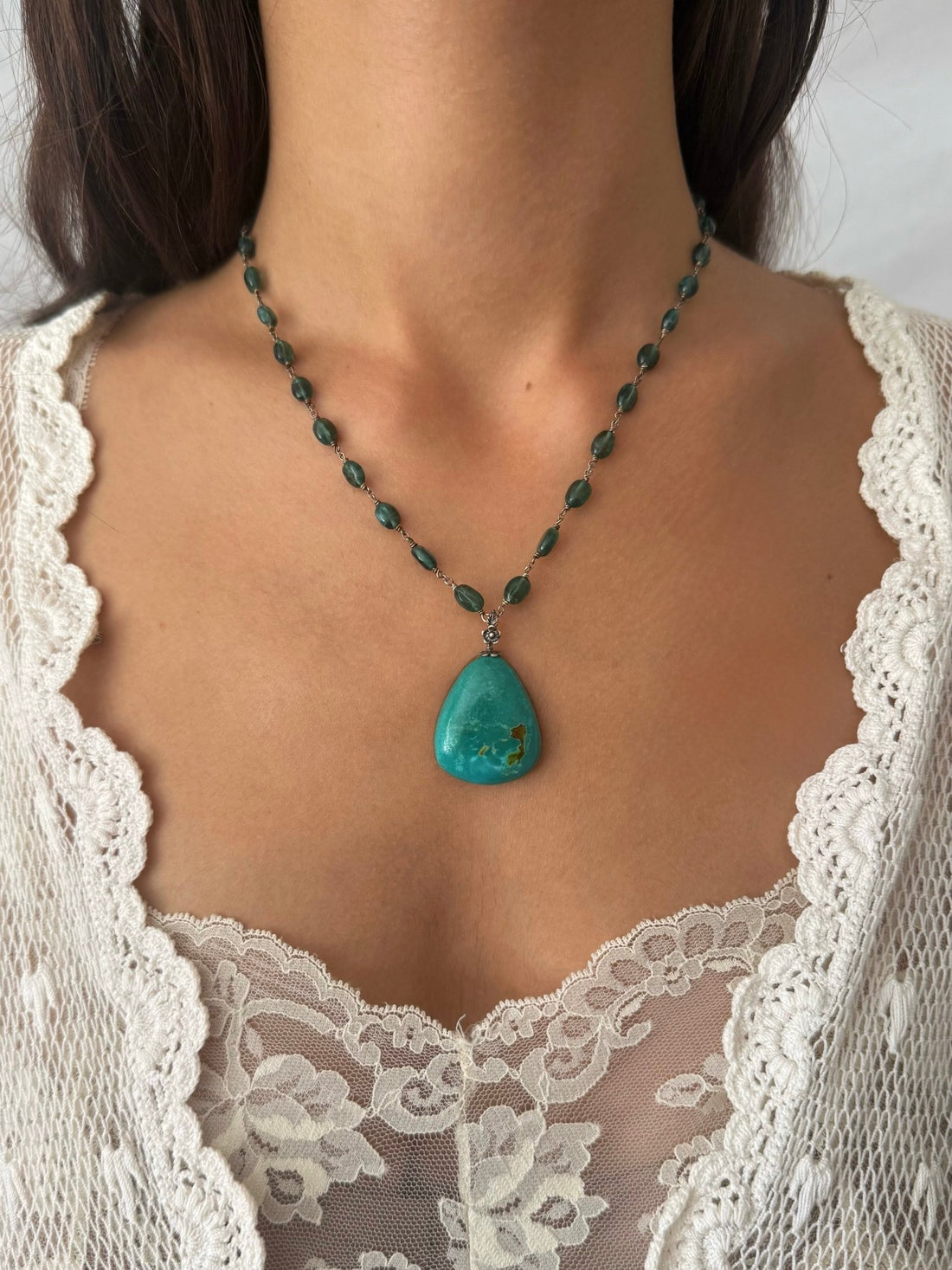 One of a Kind Vintage Arizona Turquoise, Sterling Silver and Apatite Necklace by Sage Machado - The Sage Lifestyle