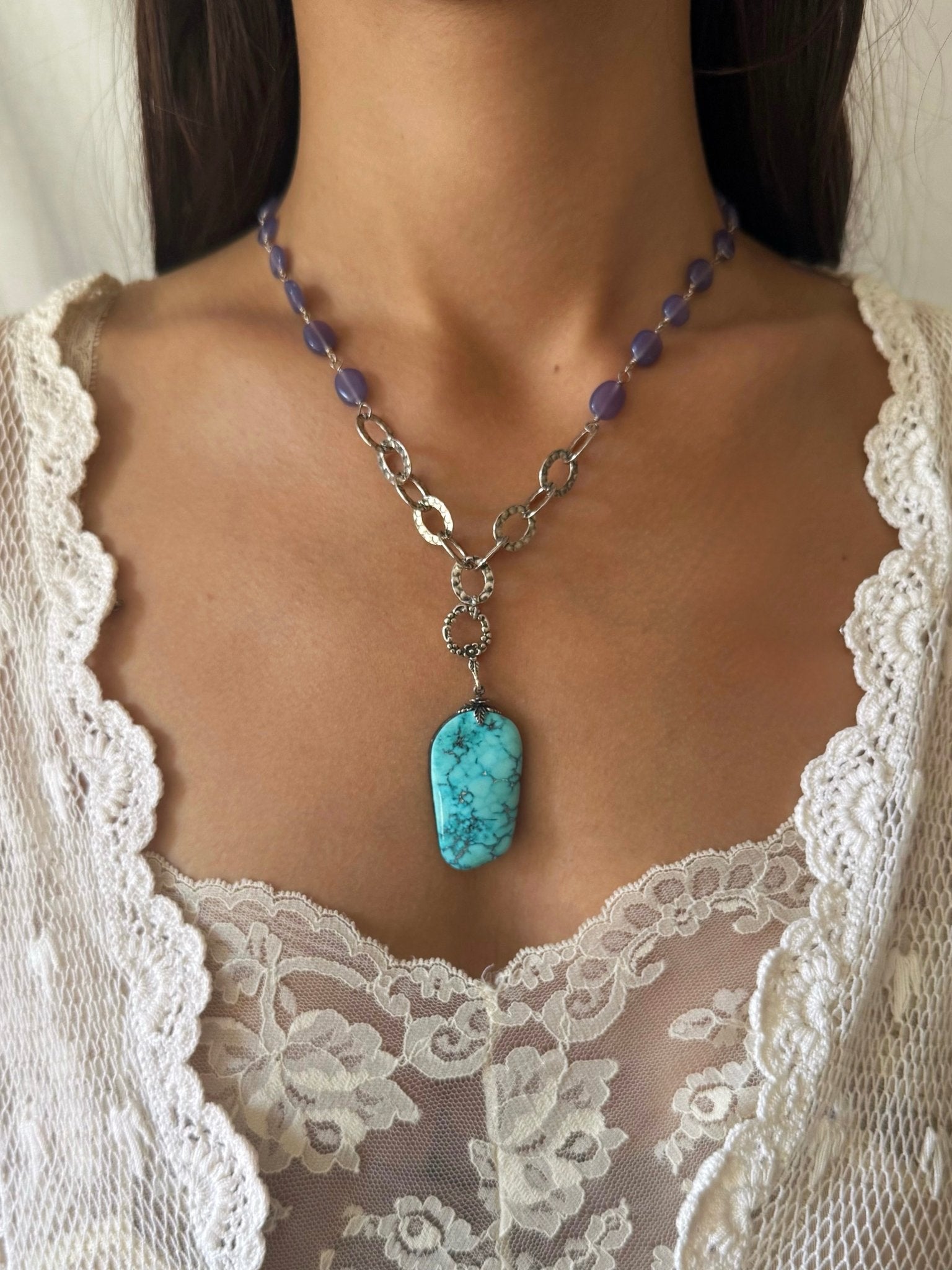 One of a Kind Vintage Arizona Turquoise, Sterling Silver and Blue Onyx Necklace by Sage Machado - The Sage Lifestyle