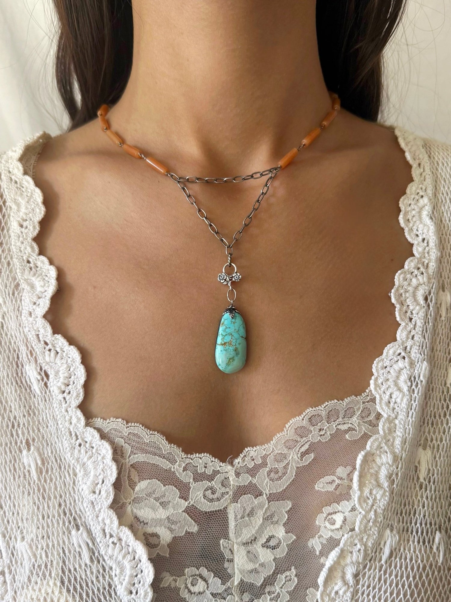 One of a Kind Vintage Arizona Turquoise, Sterling Silver and Carnelian Necklace by Sage Machado - The Sage Lifestyle