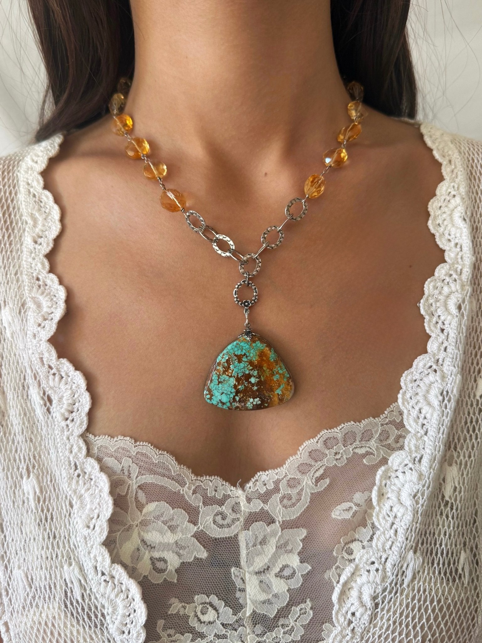 One of a Kind Vintage Arizona Turquoise, Sterling Silver and Citrine Necklace by Sage Machado - The Sage Lifestyle