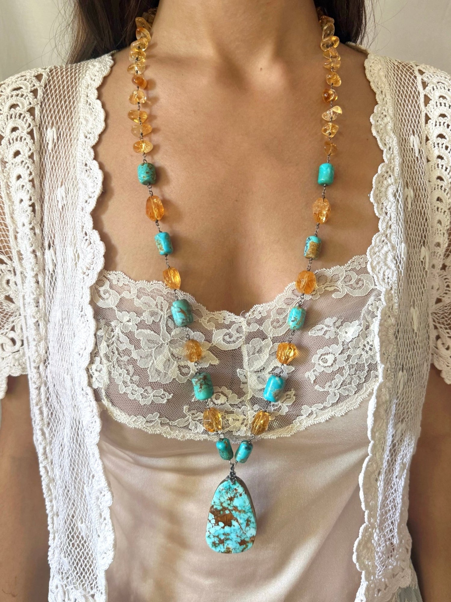 One of a Kind Vintage Arizona Turquoise, Sterling Silver and Citrine Necklace by Sage Machado - The Sage Lifestyle