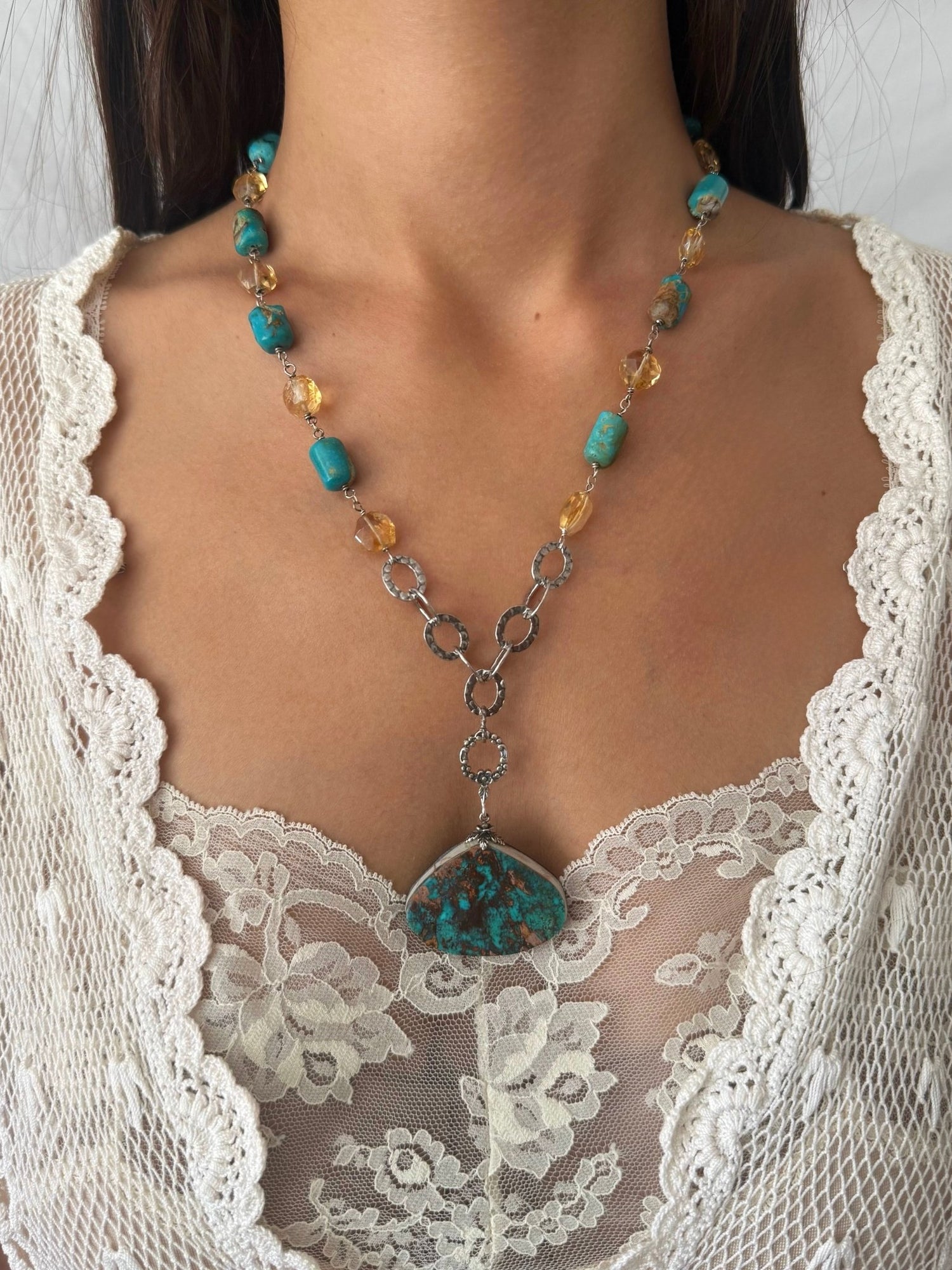 One of a Kind Vintage Arizona Turquoise, Sterling Silver and Citrine Necklace by Sage Machado - The Sage Lifestyle