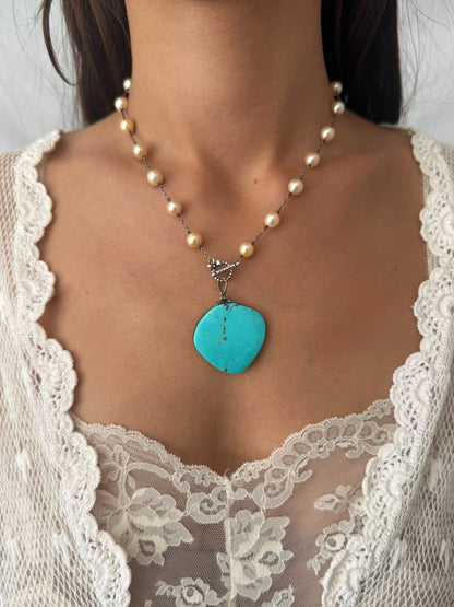 One of a Kind Vintage Arizona Turquoise, Sterling Silver and Cultured Pearl Necklace by Sage Machado - The Sage Lifestyle