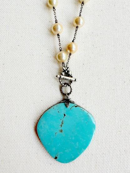 One of a Kind Vintage Arizona Turquoise, Sterling Silver and Cultured Pearl Necklace by Sage Machado - The Sage Lifestyle
