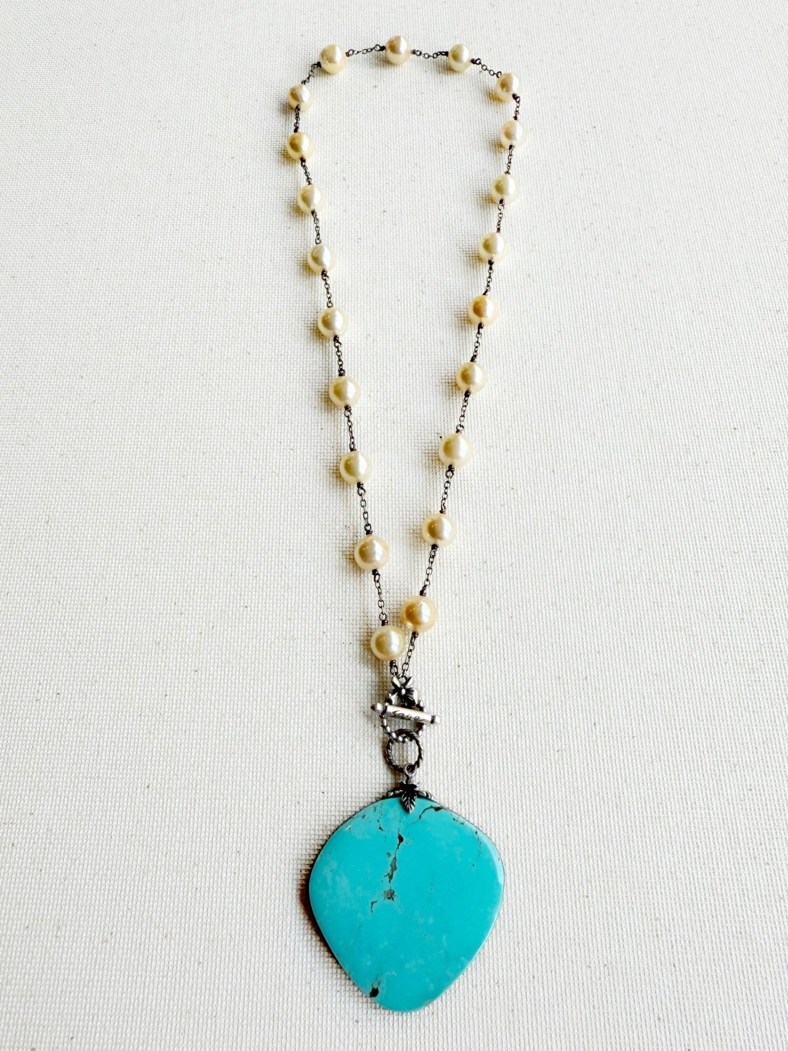 One of a Kind Vintage Arizona Turquoise, Sterling Silver and Cultured Pearl Necklace by Sage Machado - The Sage Lifestyle