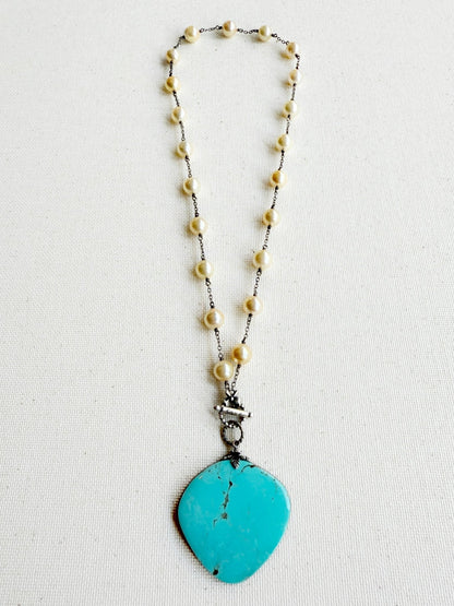 One of a Kind Vintage Arizona Turquoise, Sterling Silver and Cultured Pearl Necklace by Sage Machado - The Sage Lifestyle