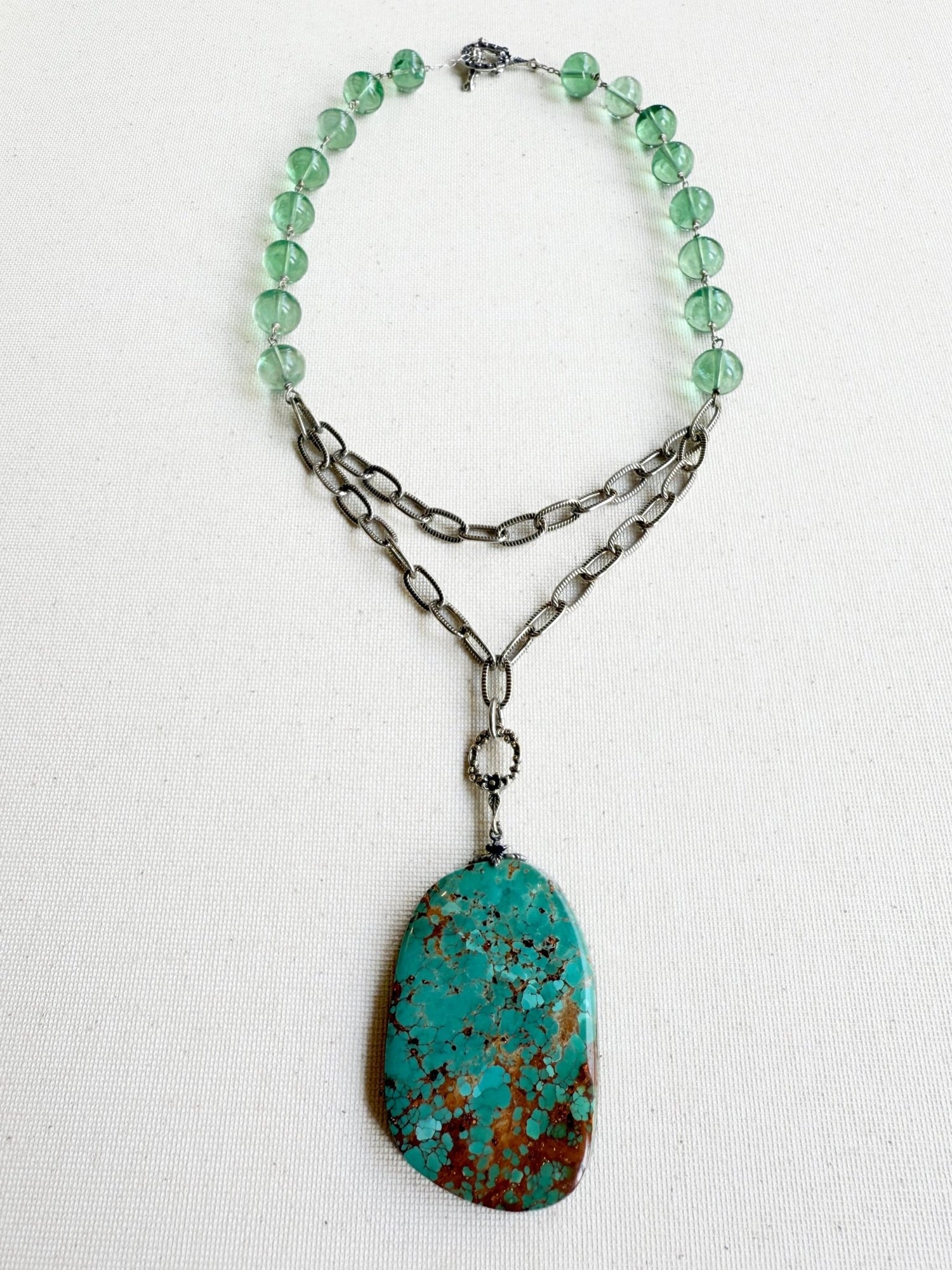 One of a Kind Vintage Arizona Turquoise, Sterling Silver and Green Fluorite Necklace by Sage Machado - The Sage Lifestyle