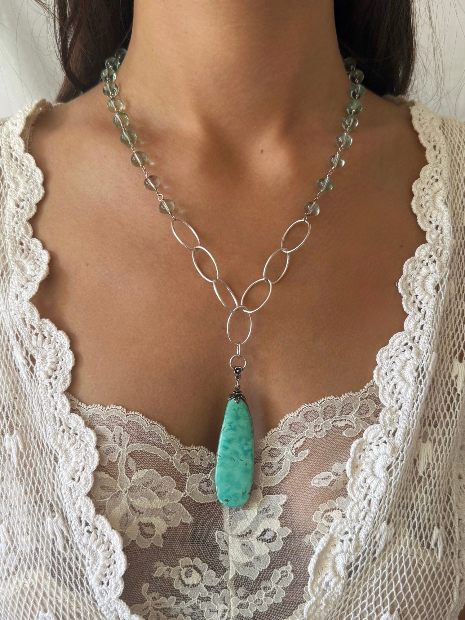 One of a Kind Vintage Arizona Turquoise, Sterling Silver and Green Fluorite Necklace by Sage Machado - The Sage Lifestyle