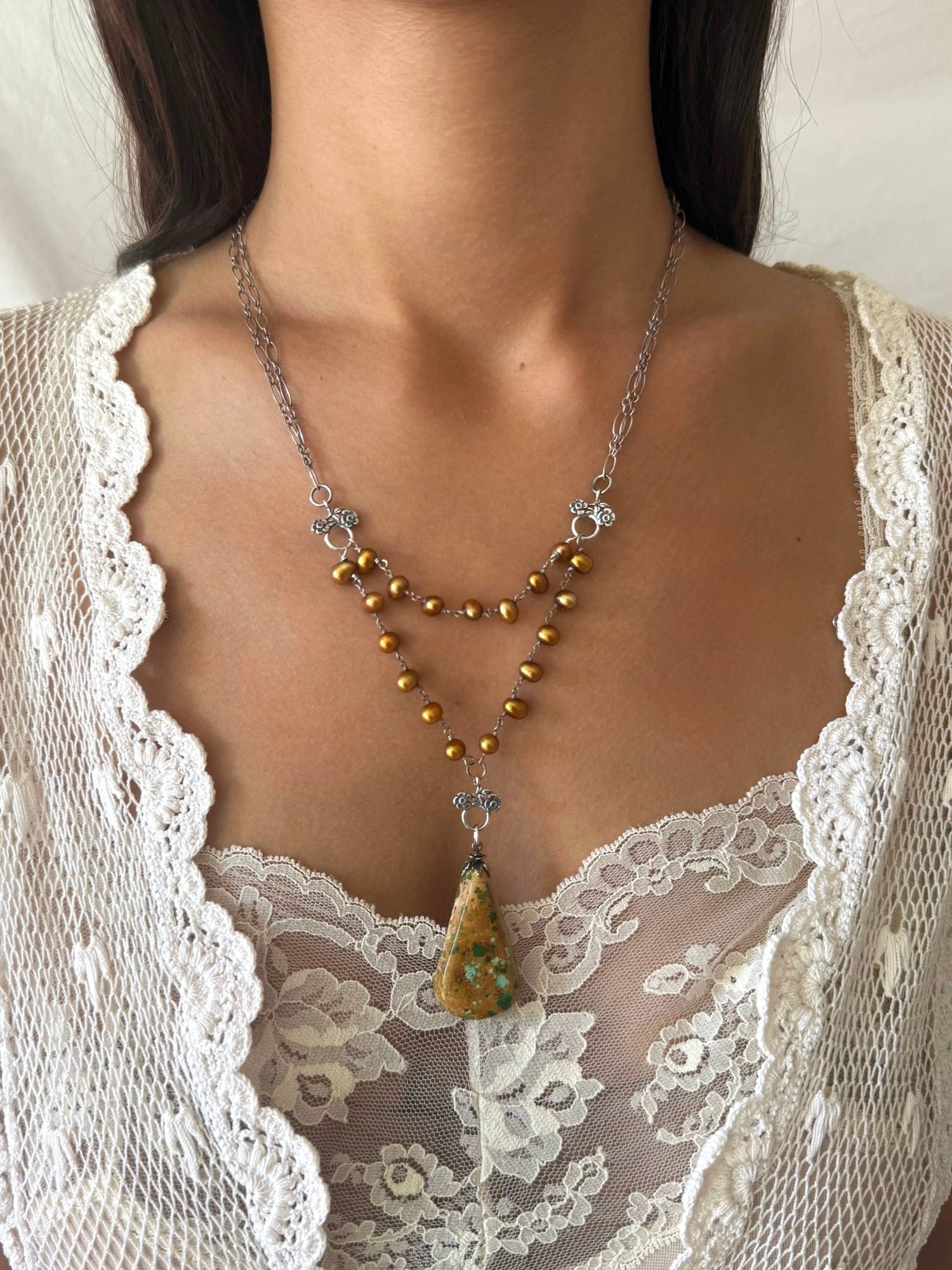 One of a Kind Vintage Arizona Turquoise, Sterling Silver and Pearl Necklace by Sage Machado - The Sage Lifestyle