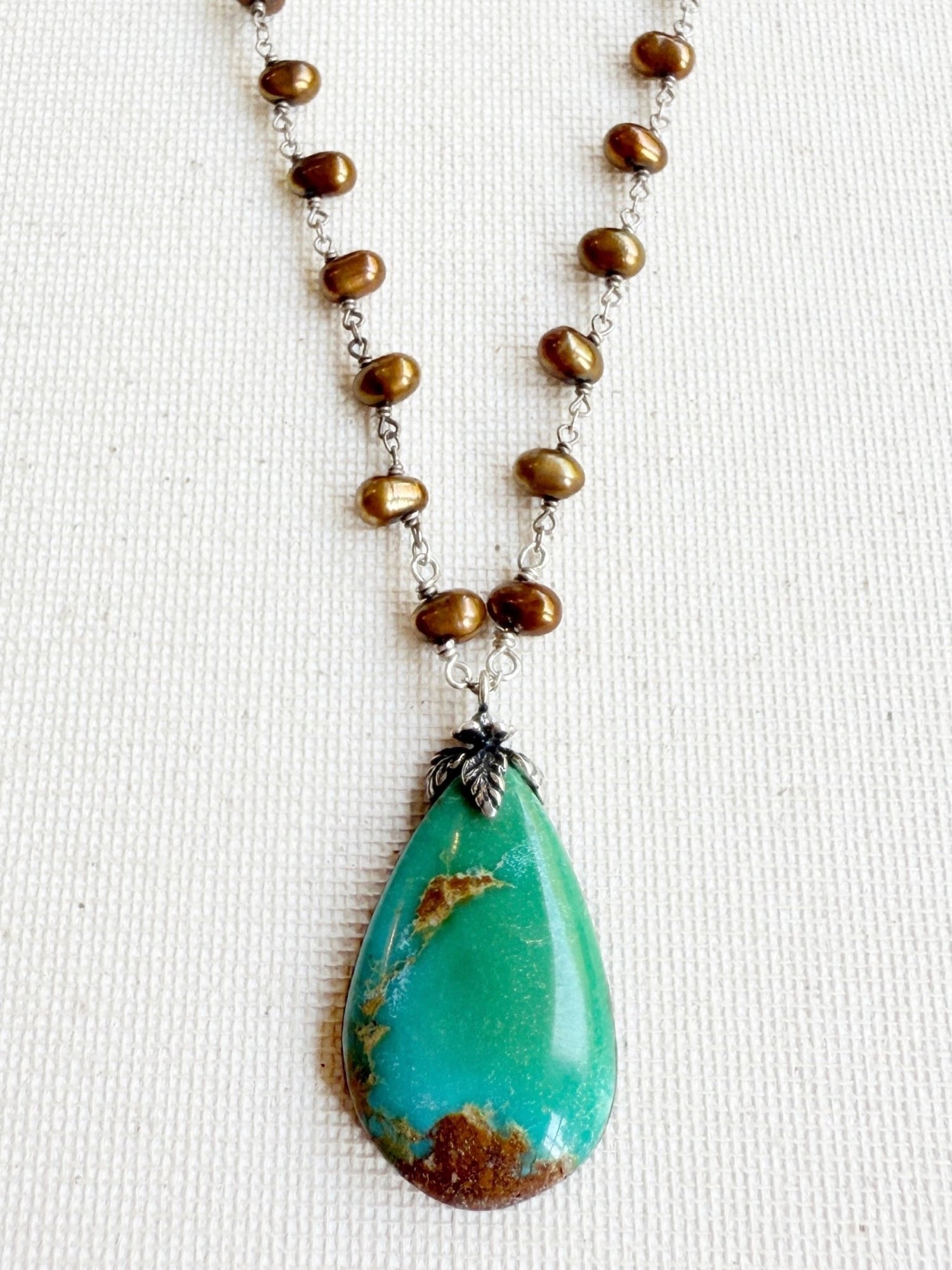 One of a Kind Vintage Arizona Turquoise, Sterling Silver and Pearl Necklace by Sage Machado - The Sage Lifestyle