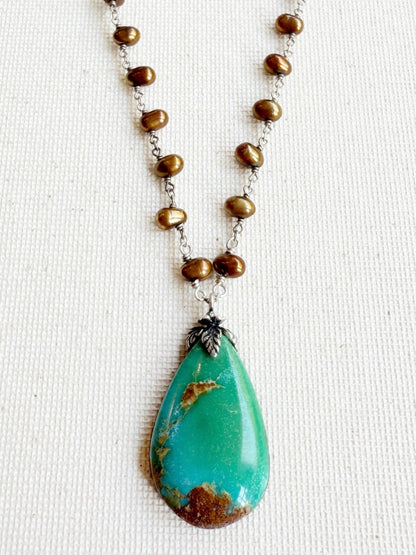 One of a Kind Vintage Arizona Turquoise, Sterling Silver and Pearl Necklace by Sage Machado - The Sage Lifestyle