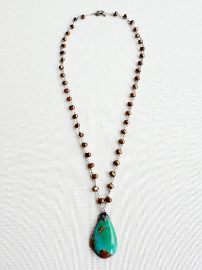 One of a Kind Vintage Arizona Turquoise, Sterling Silver and Pearl Necklace by Sage Machado - The Sage Lifestyle