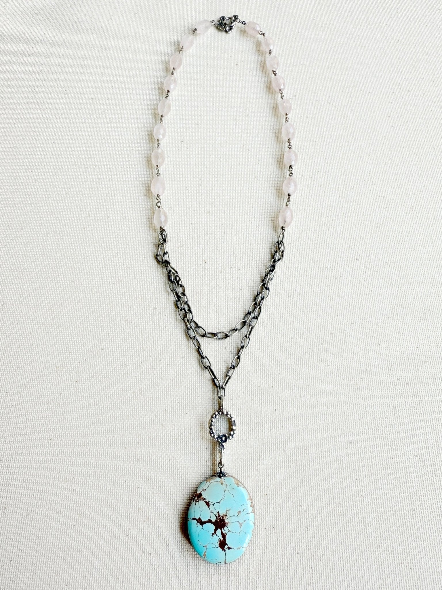 One of a Kind Vintage Arizona Turquoise, Sterling Silver and Rose Quartz Necklace by Sage Machado - The Sage Lifestyle
