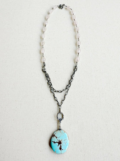 One of a Kind Vintage Arizona Turquoise, Sterling Silver and Rose Quartz Necklace by Sage Machado - The Sage Lifestyle