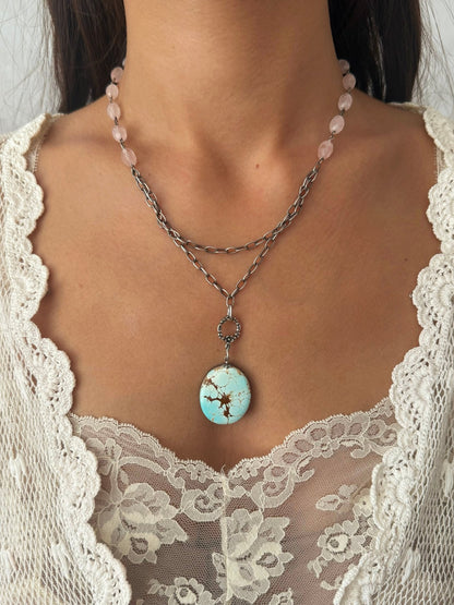One of a Kind Vintage Arizona Turquoise, Sterling Silver and Rose Quartz Necklace by Sage Machado - The Sage Lifestyle