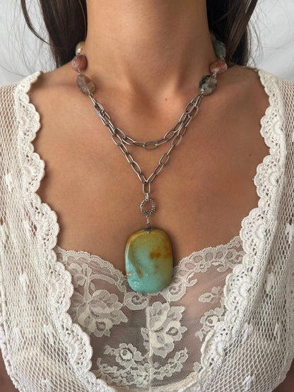One of a Kind Vintage Arizona Turquoise, Sterling Silver and Rutilated Quartz Necklace by Sage Machado - The Sage Lifestyle