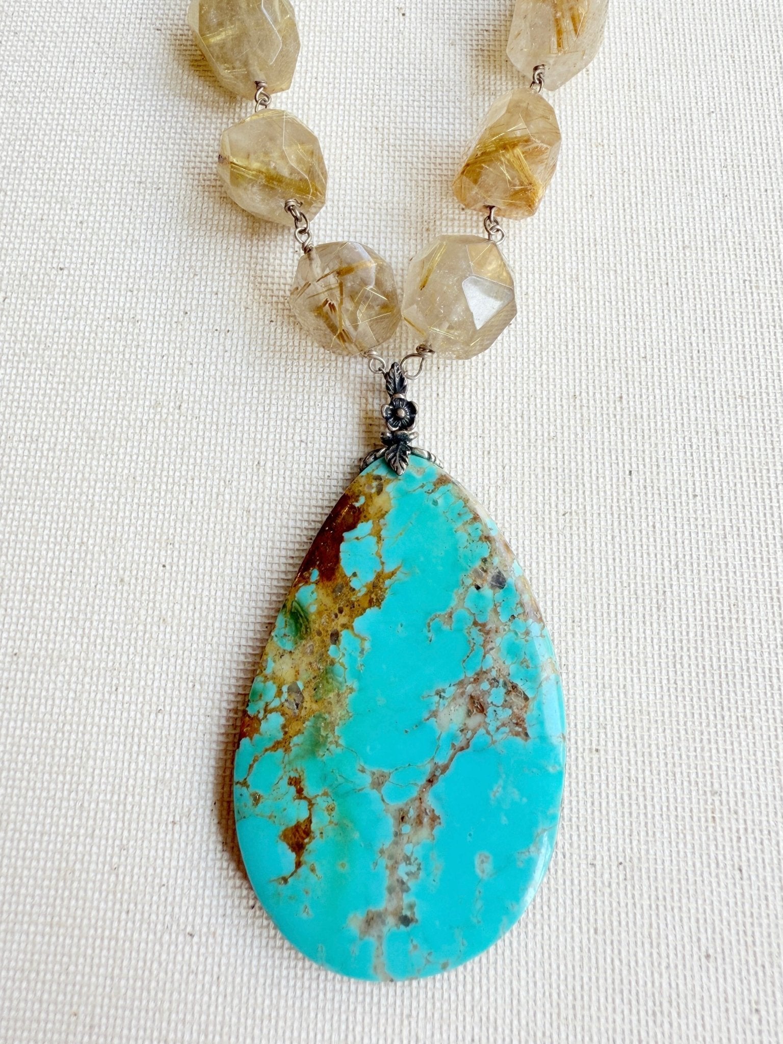 One of a Kind Vintage Arizona Turquoise, Sterling Silver and Rutilated Quartz Necklace by Sage Machado - The Sage Lifestyle
