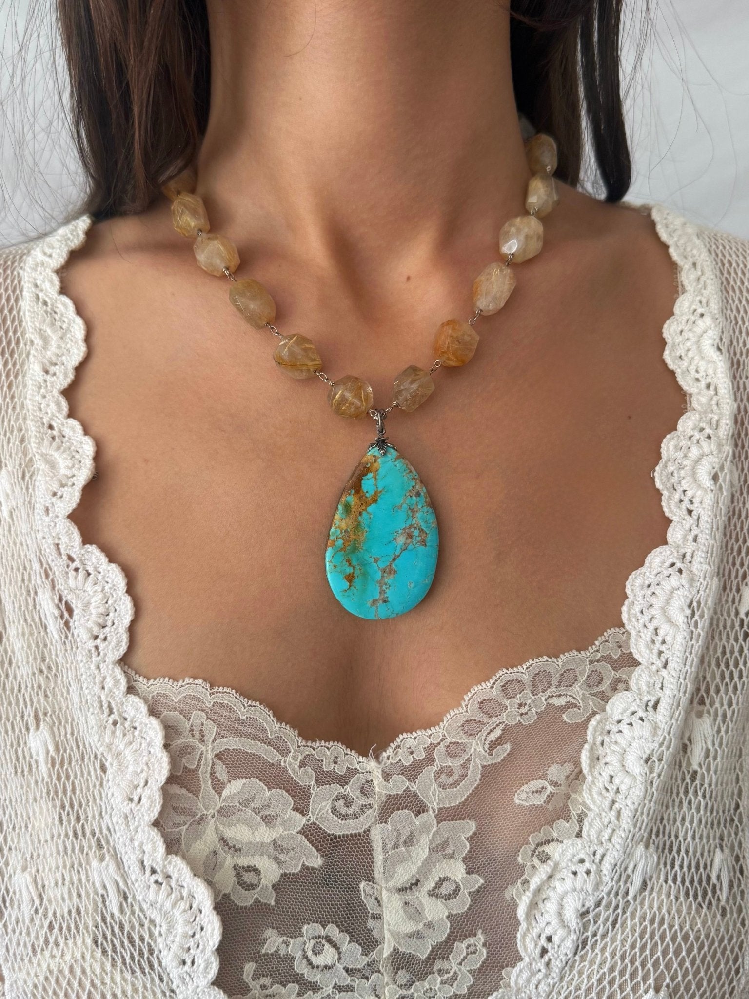 One of a Kind Vintage Arizona Turquoise, Sterling Silver and Rutilated Quartz Necklace by Sage Machado - The Sage Lifestyle