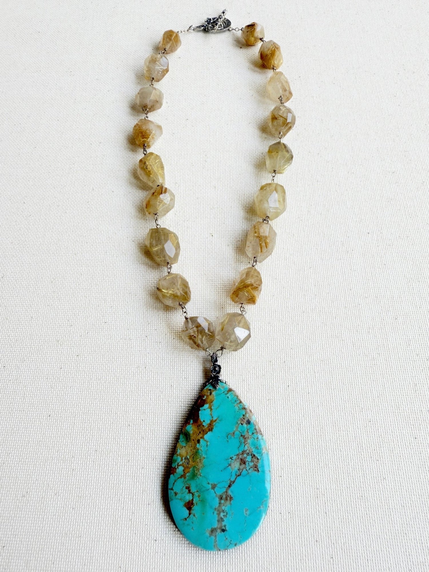 One of a Kind Vintage Arizona Turquoise, Sterling Silver and Rutilated Quartz Necklace by Sage Machado - The Sage Lifestyle