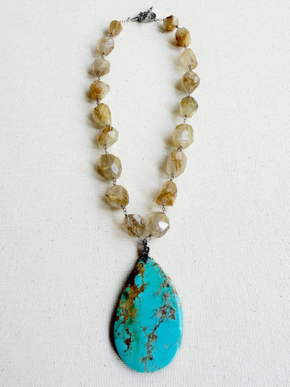 One of a Kind Vintage Arizona Turquoise, Sterling Silver and Rutilated Quartz Necklace by Sage Machado - The Sage Lifestyle