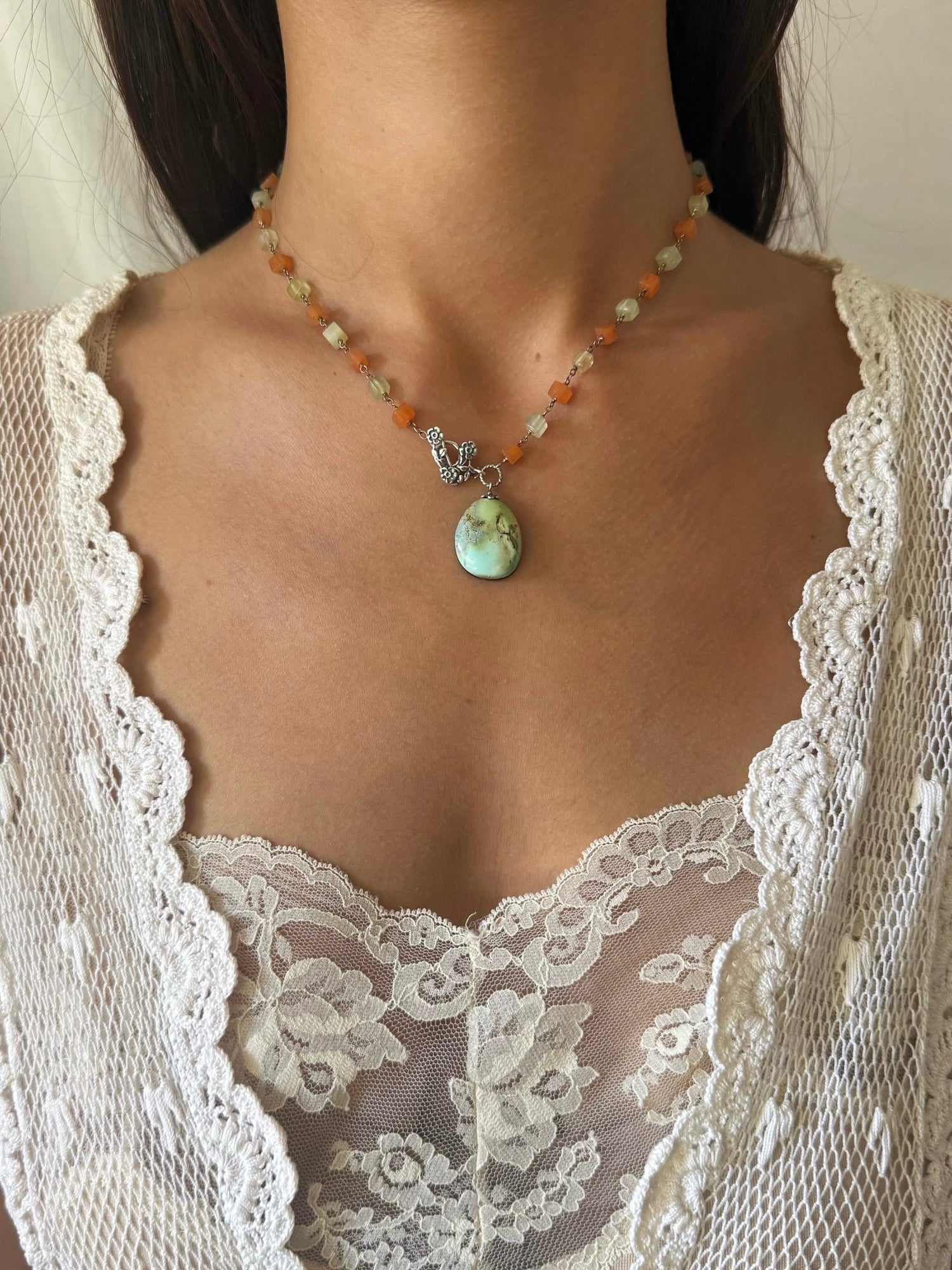 One of a Kind Vintage Arizona Turquoise, Sterling Silver, Carnelian and Serpentine Necklace by Sage Machado - The Sage Lifestyle