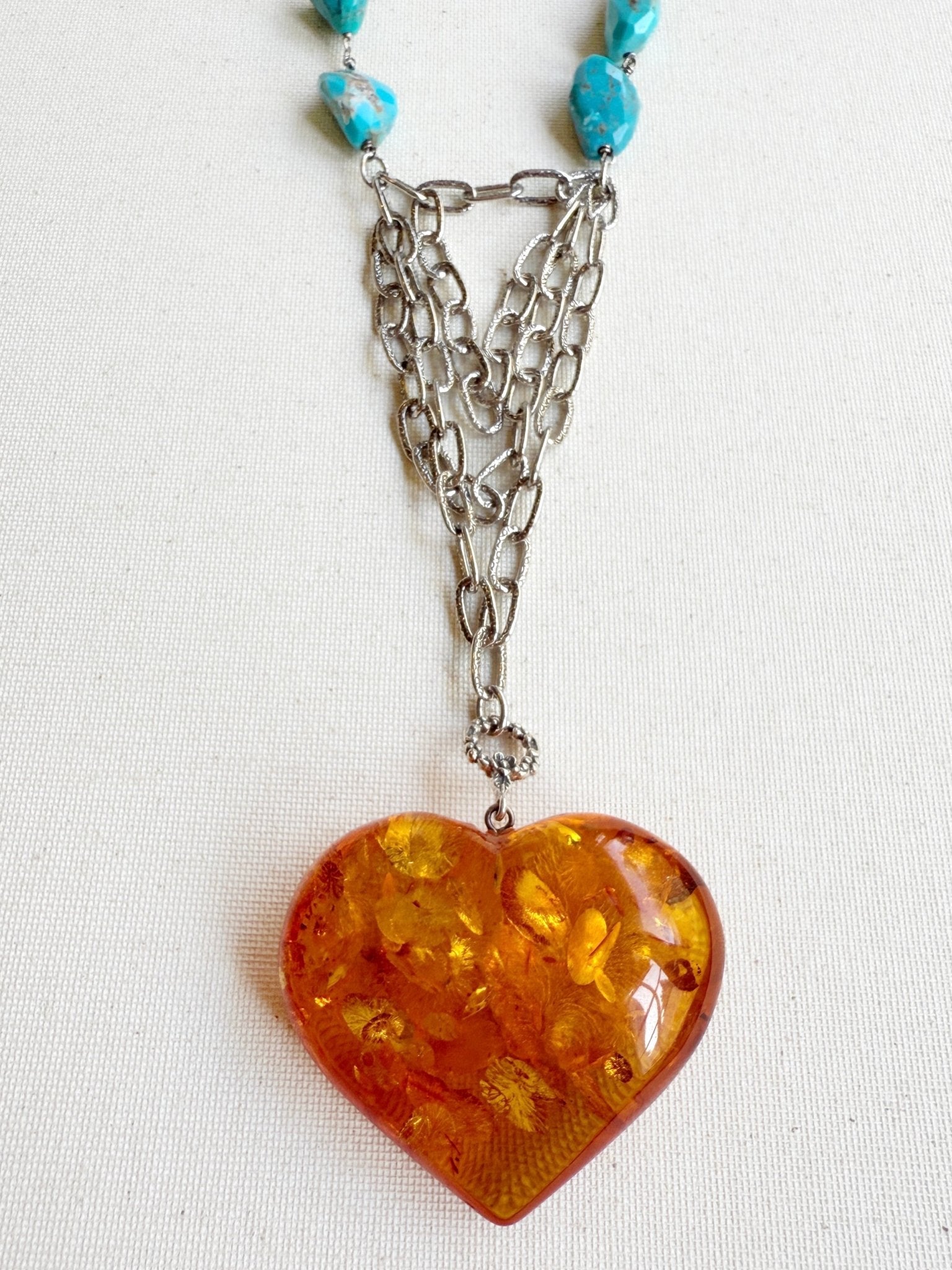 One of a Kind Vintage Arizona Turquoise with Baltic Amber Heart and Sterling Silver Necklace by Sage Machado - The Sage Lifestyle