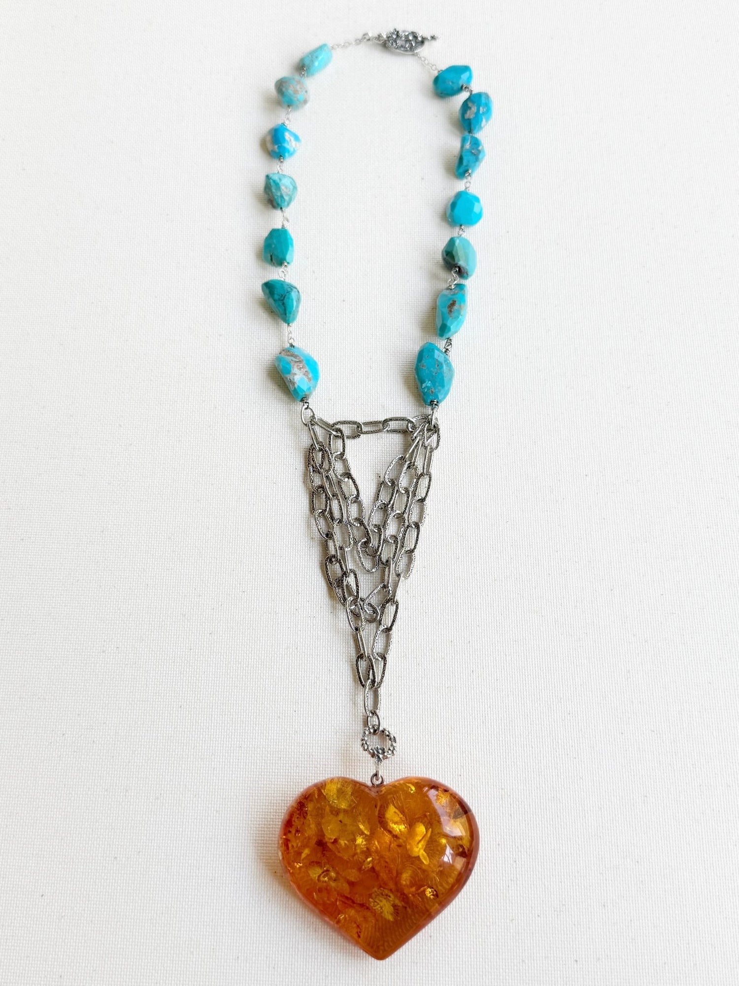 One of a Kind Vintage Arizona Turquoise with Baltic Amber Heart and Sterling Silver Necklace by Sage Machado - The Sage Lifestyle