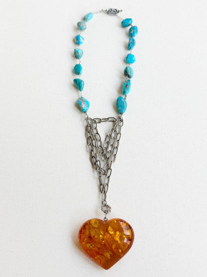 One of a Kind Vintage Arizona Turquoise with Baltic Amber Heart and Sterling Silver Necklace by Sage Machado - The Sage Lifestyle
