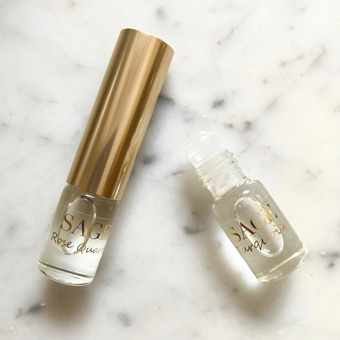 Rose Quartz &amp; Turquoise Organic 1/4 oz Eau de Toilette Dual Roll with cap removed to show roller-ball detail