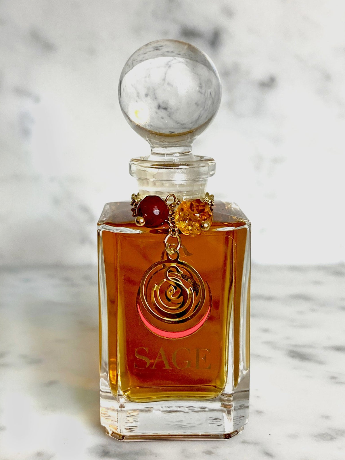  1/2 oz  Sage Amber &amp; Carelian perfume oil  glass Vanity Bottle, with gemstones, earthy, gender neutral, Vegan, Cruelty Free 