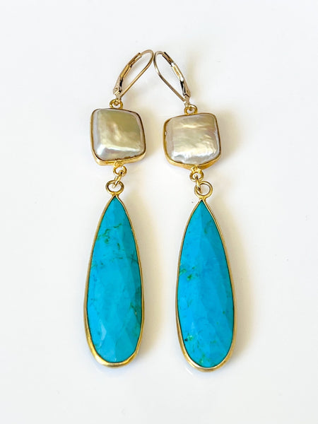 Arizona Turquoise and Freshwater Pearl Teardrop Double Drop Long Gold Earrings by Sage Machado - The Sage Lifestyle