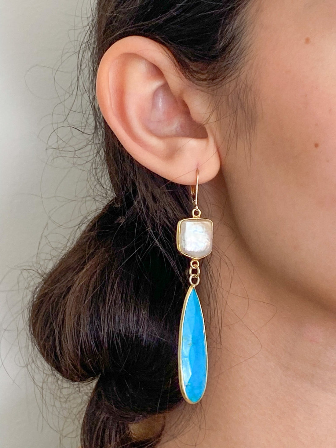 Arizona Turquoise and Freshwater Pearl Teardrop Double Drop Long Gold Earrings by Sage Machado - The Sage Lifestyle