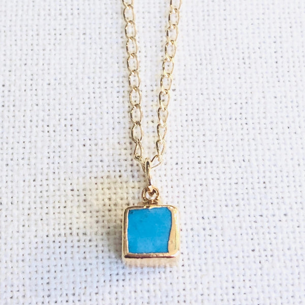 Arizona Turquoise Cube Charm Necklace on Gold Chain by Sage Machado - The Sage Lifestyle