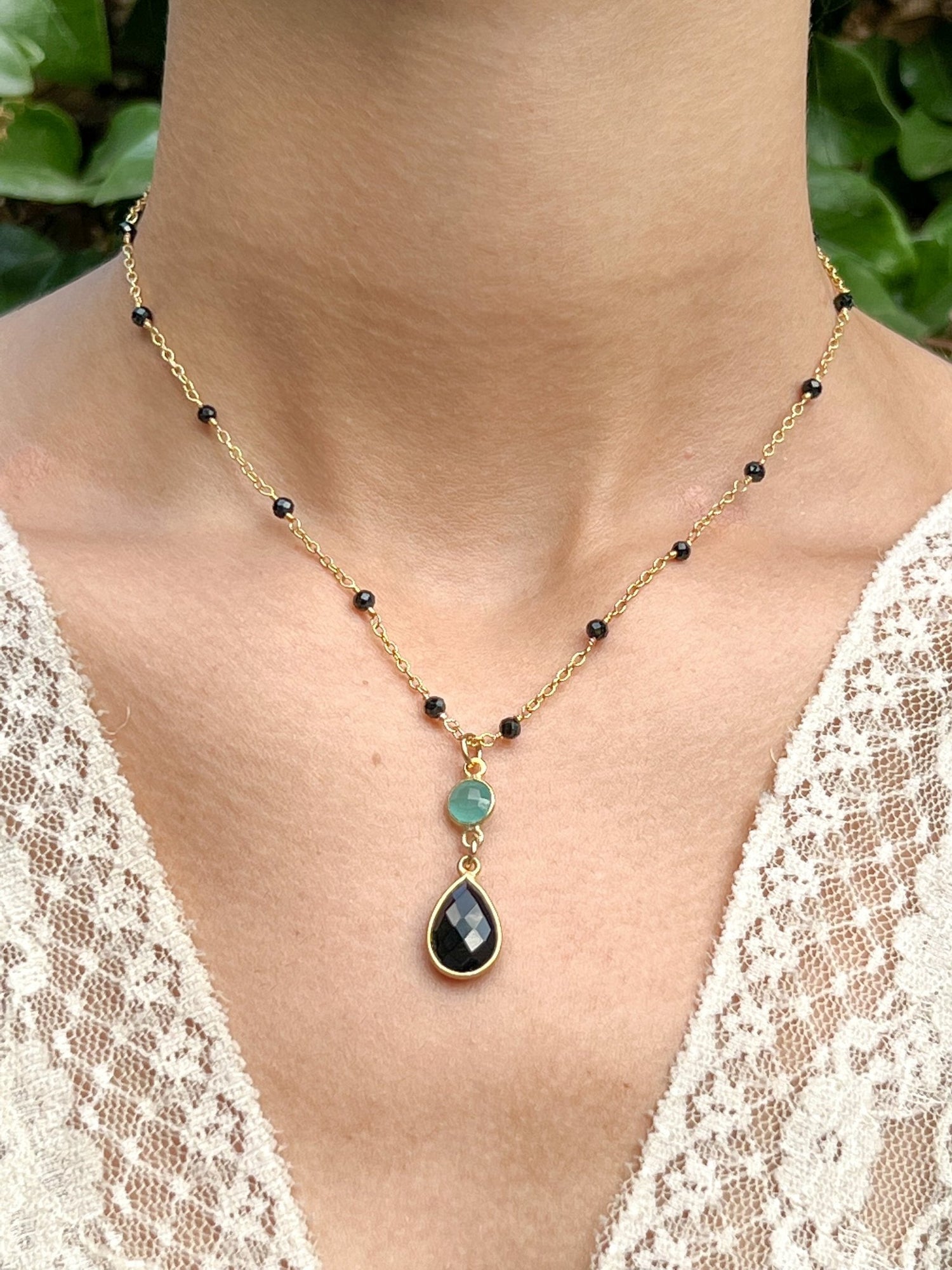 Black Onyx and Chrysoprase Double Drop Pear Shaped Pendant Necklace on Gold Chain with Black Onyx by Sage Machado - The Sage Lifestyle