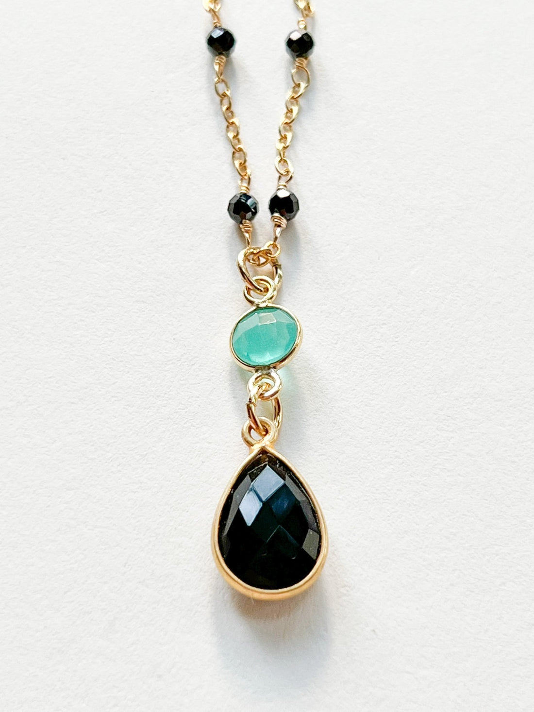 Black Onyx and Chrysoprase Double Drop Pear Shaped Pendant Necklace on Gold Chain with Black Onyx by Sage Machado - The Sage Lifestyle