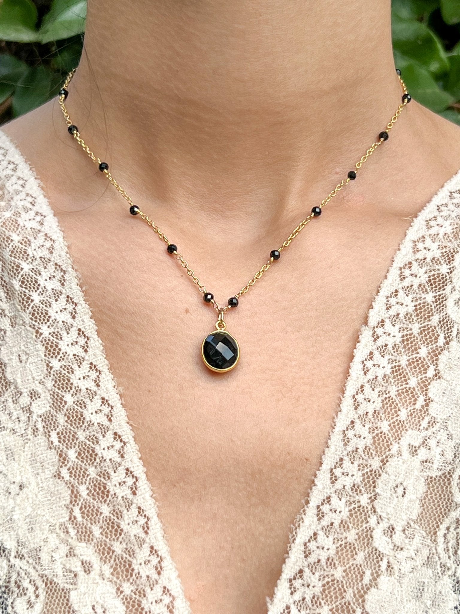 Black Onyx Oval Charm Necklace on Gold Chain with Black Onyx by Sage Machado - The Sage Lifestyle