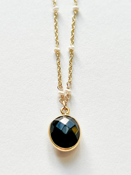 Black Onyx Oval Charm Necklace on Gold Chain with White Freshwater Pearls by Sage Machado - The Sage Lifestyle
