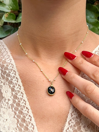 Black Onyx Oval Charm Necklace on Gold Chain with White Freshwater Pearls by Sage Machado - The Sage Lifestyle