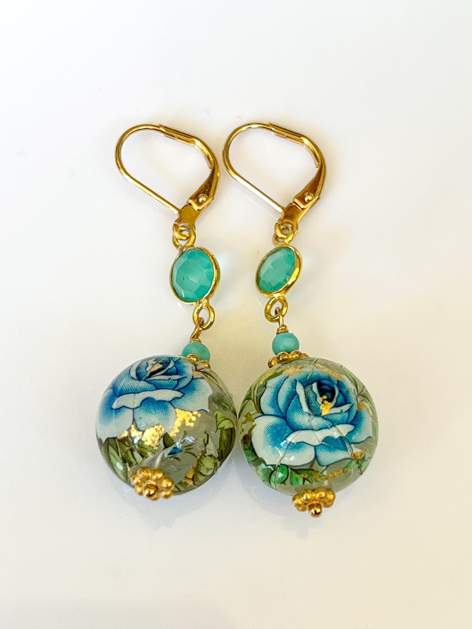 Blue Rose Resin Floral Ball Drop Gold Earrings with Chrysoprase and Turquoise by Sage Machado - The Sage Lifestyle