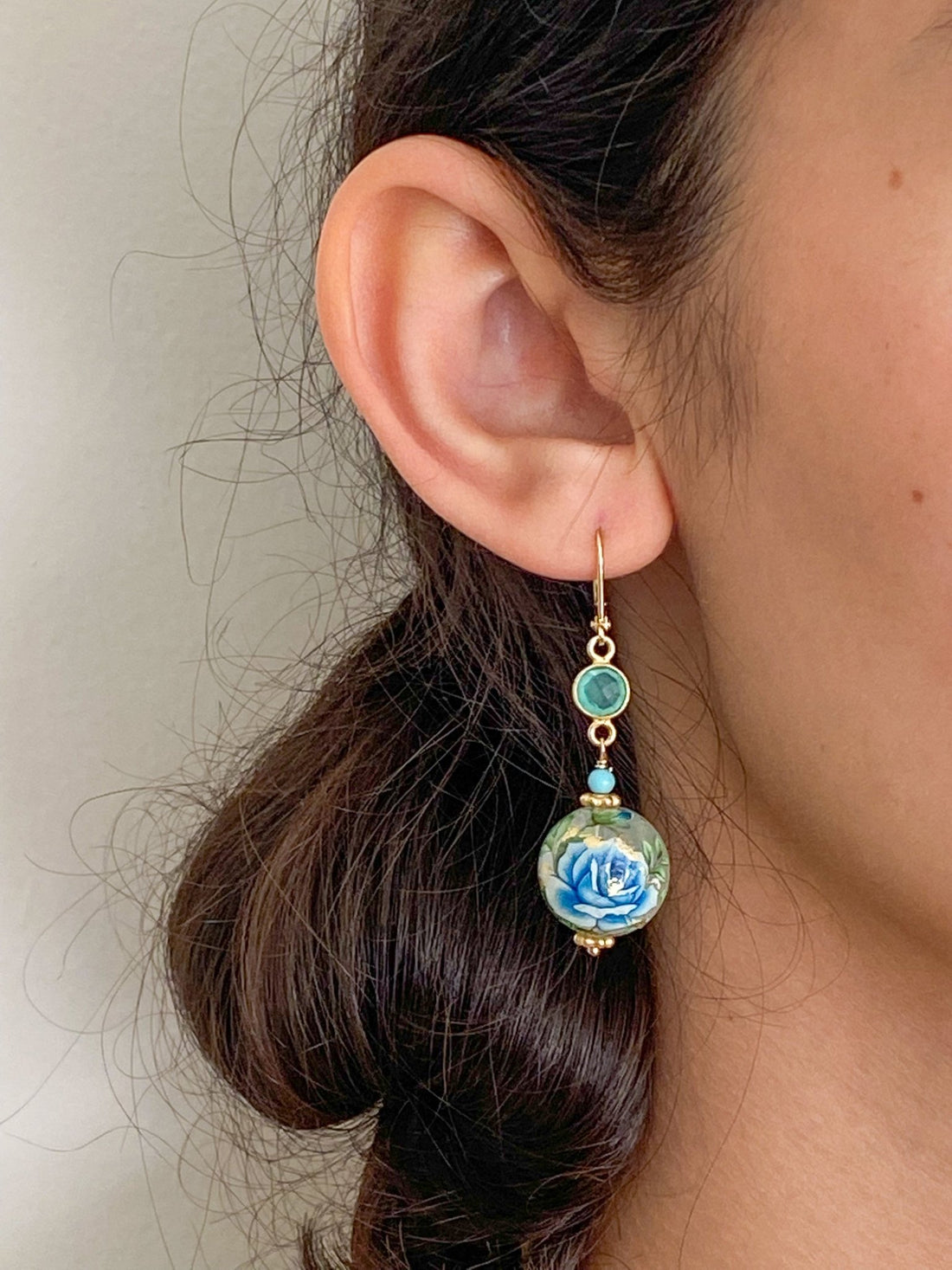 Blue Rose Resin Floral Ball Drop Gold Earrings with Chrysoprase and Turquoise by Sage Machado - The Sage Lifestyle