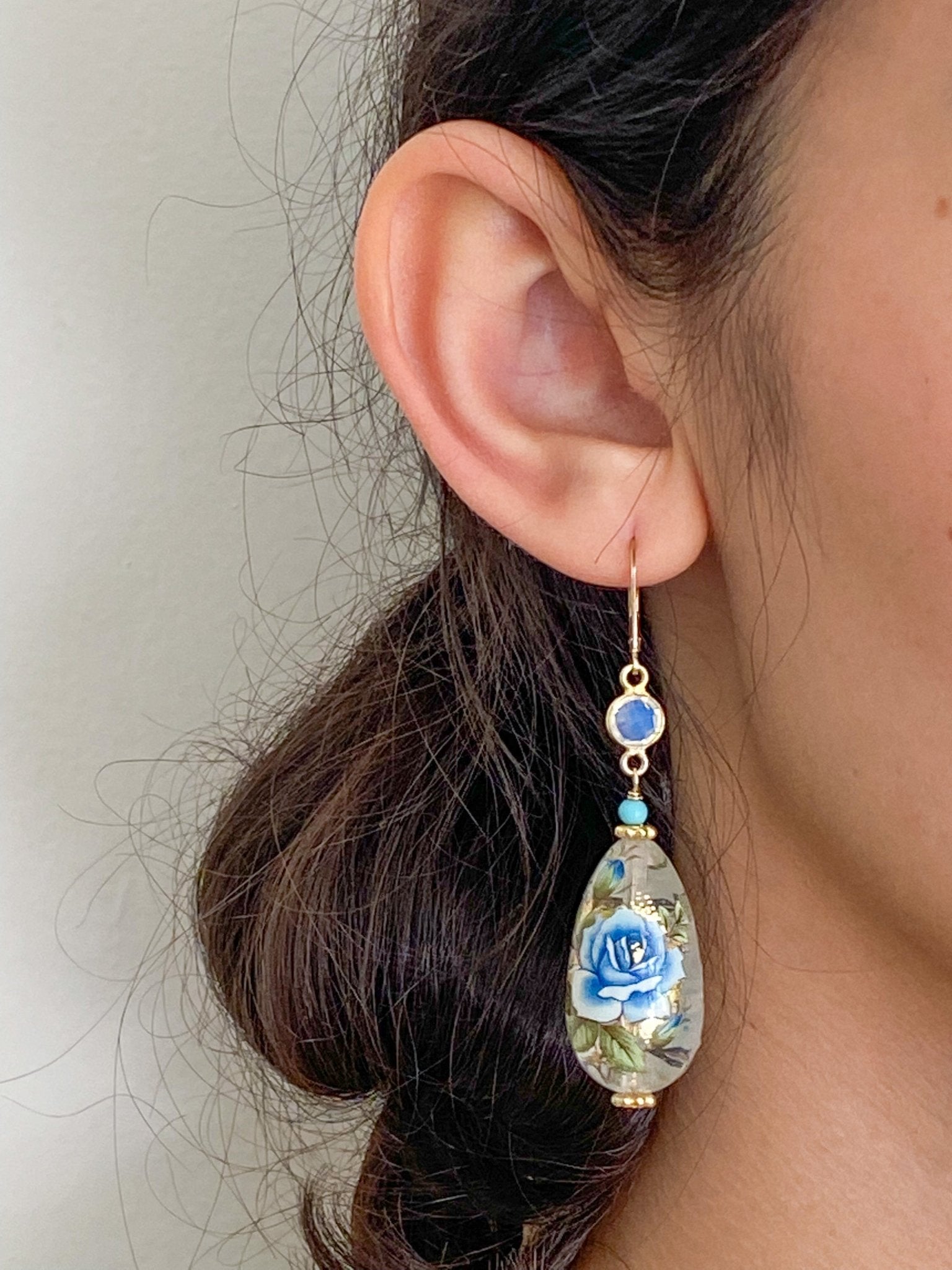 Blue Rose Resin Teardrop Gold Earrings with Opalite and Turquoise by Sage Machado - The Sage Lifestyle