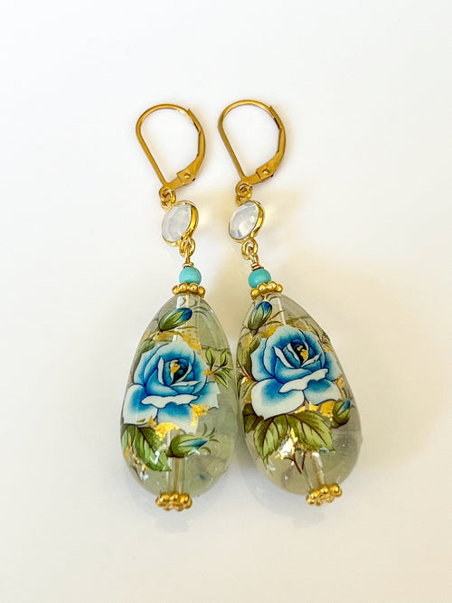 Blue Rose Resin Teardrop Gold Earrings with Opalite and Turquoise by Sage Machado - The Sage Lifestyle