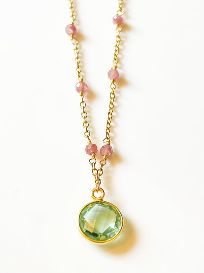 Blue Topaz Charm Drop Gold Necklace on Pink Tourmaline by Sage Machado - The Sage Lifestyle