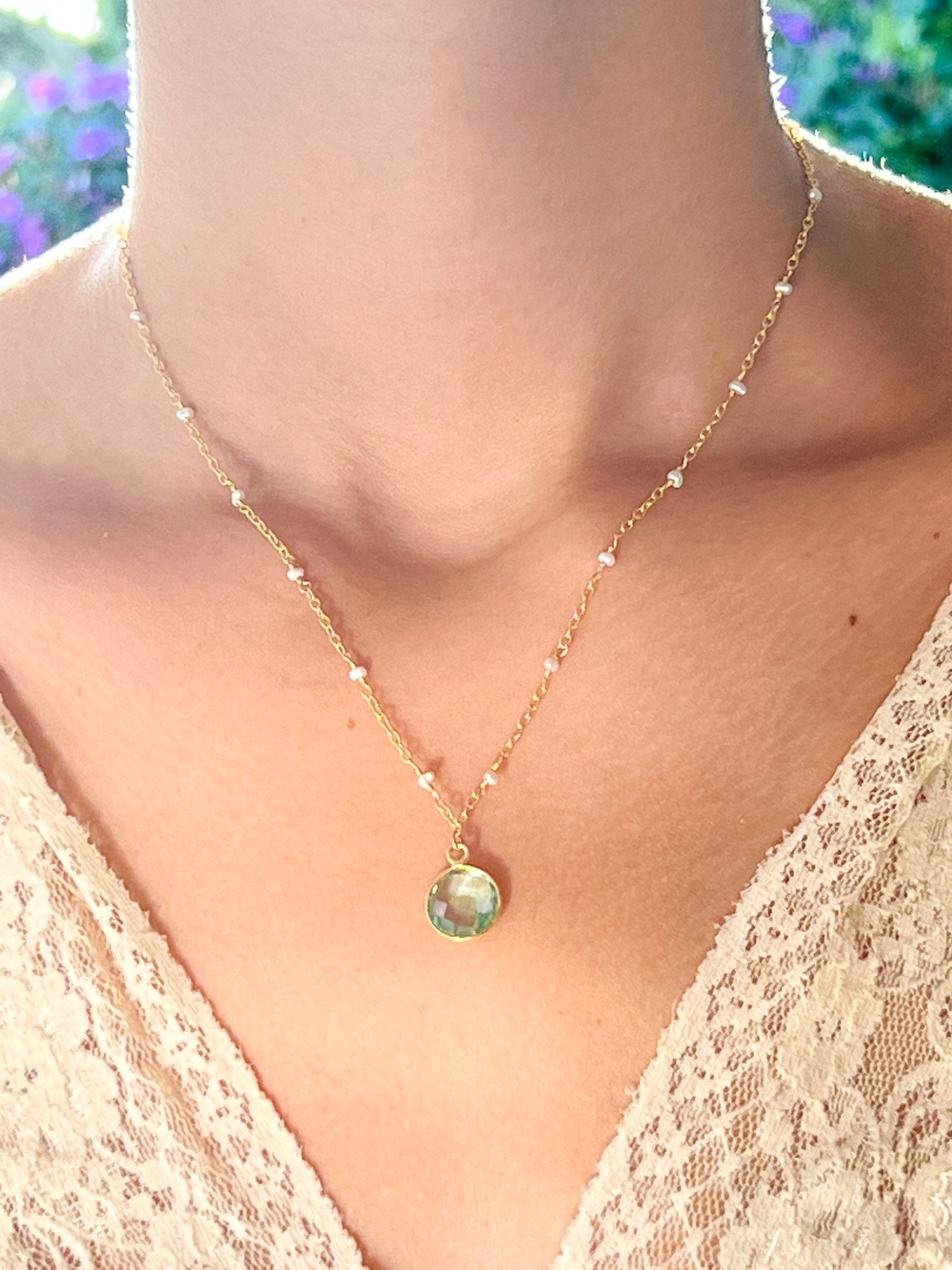 Blue Topaz Charm Drop Necklace on Gold Chain with Freshwater Pearls by Sage Machado - The Sage Lifestyle