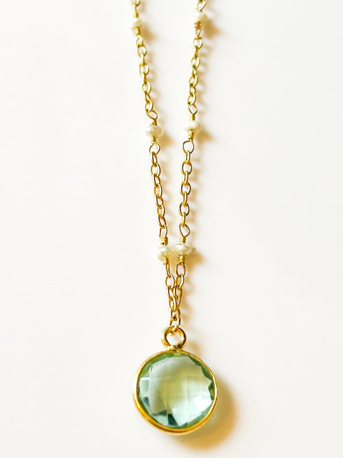 Blue Topaz Charm Drop Necklace on Gold Chain with Freshwater Pearls by Sage Machado - The Sage Lifestyle