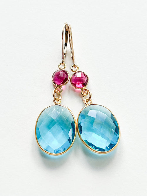 Blue Topaz Large Oval Drop Gold Earrings with Pink Hydro Quartz by Sage Machado - The Sage Lifestyle