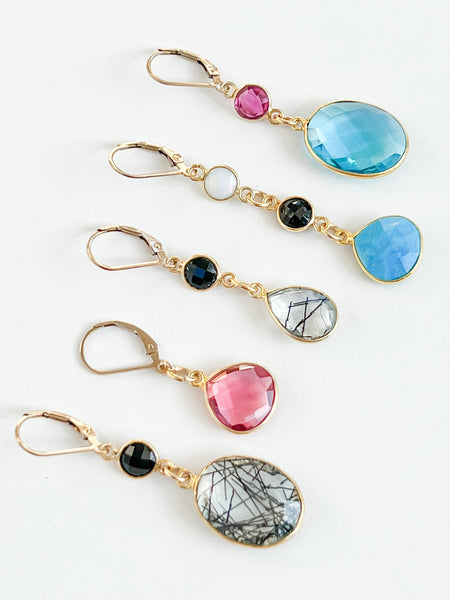 Blue Topaz Large Oval Drop Gold Earrings with Pink Hydro Quartz by Sage Machado - The Sage Lifestyle